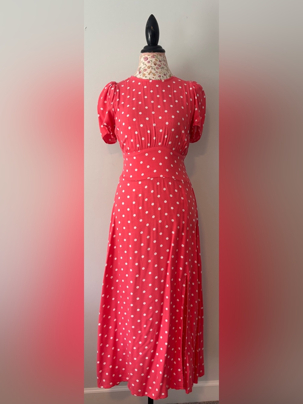 AFRM Coral Pink Polka Dot Midi Dress — Size Medium — Like New